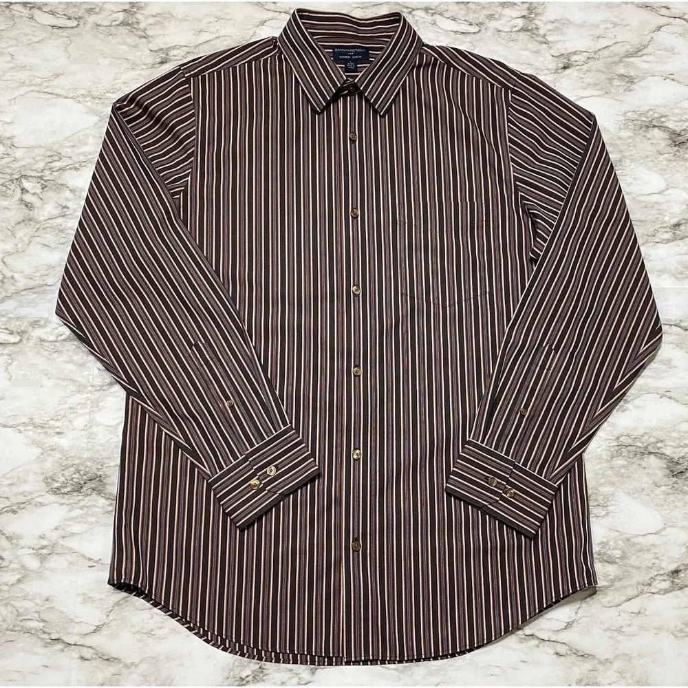 Banana Republic‎ Slim Fit Non Iron Mens Dress Shirt Sz 16-16 1/2 Brown Striped
